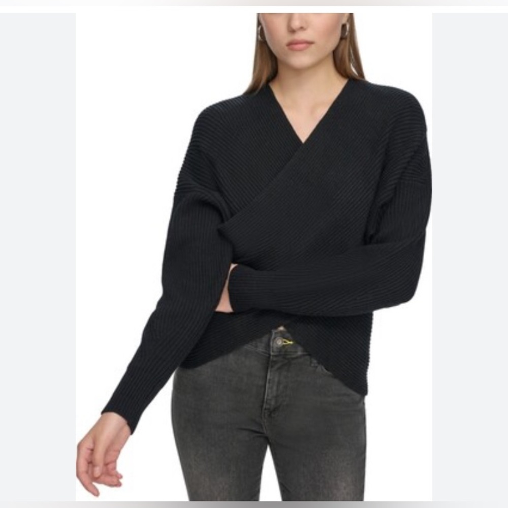 NEW DKNY Women's Crossover Front Ribbed Sweater - Black/Black Size XL